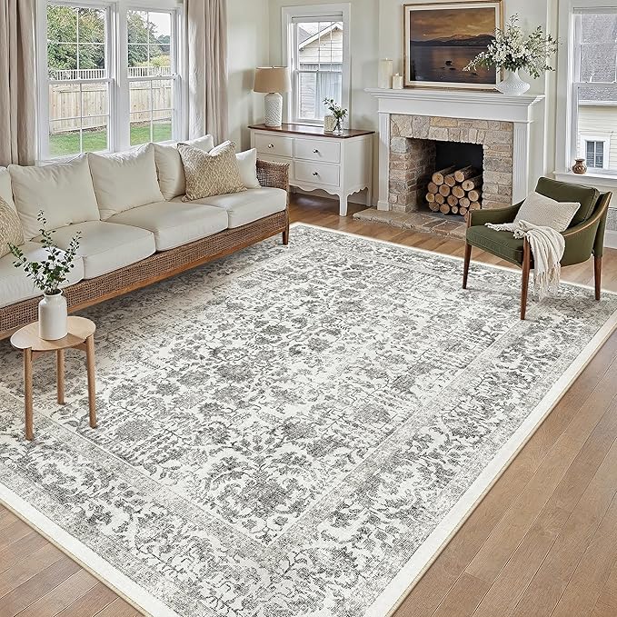 Black Area Rug 10x12 Machine Washable Large Vintage Living Room Distressed Non Slip Carpet Traditional Indoor Bedroom Grey Retro Floral Accent Throw Rug for Office Kitchen Dining Room