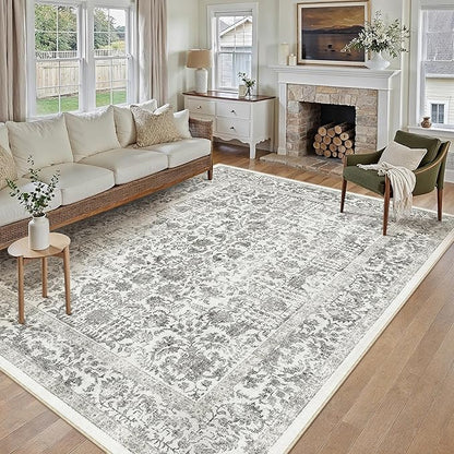 Black Area Rug 9x12 Machine Washable Large Vintage Living Room Distressed Non Slip Carpet Traditional Indoor Bedroom Retro Floral Accent Throw Rug for Office Kitchen Dining Room