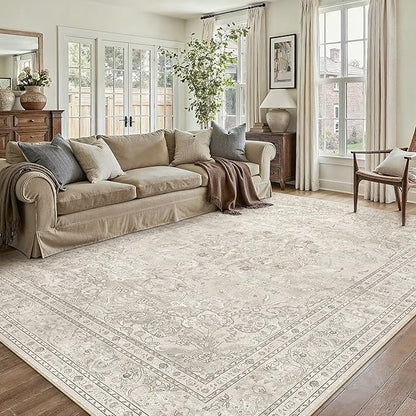 Beige 6x9 Area Rug Washable Vintage Carpet for Living Room Bedroom Large Soft Retro Floral Low Pile Thin Indoor Rug Non Slip Central Medallion Floor Cover for Dining Room Office