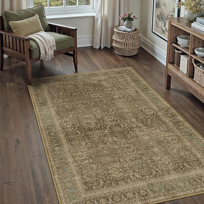Brown 3x5 Area Rug Washable Vintage Carpet for Entryway Office Soft Retro Floral Kitchen Low Pile Thin Door Mat Non Slip Traditional Distressed Rug for Bathroom Bedroom Dining Living Room