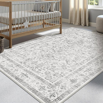 Grey 4x5 Entryway Rug Vintage Area Carpet Indoor Kitchen Washable Neutral Door Mat Entrance Small Low Pile Traditional Distressed Gray Retro Accent Throw Rug Non Slip Office Bathroom