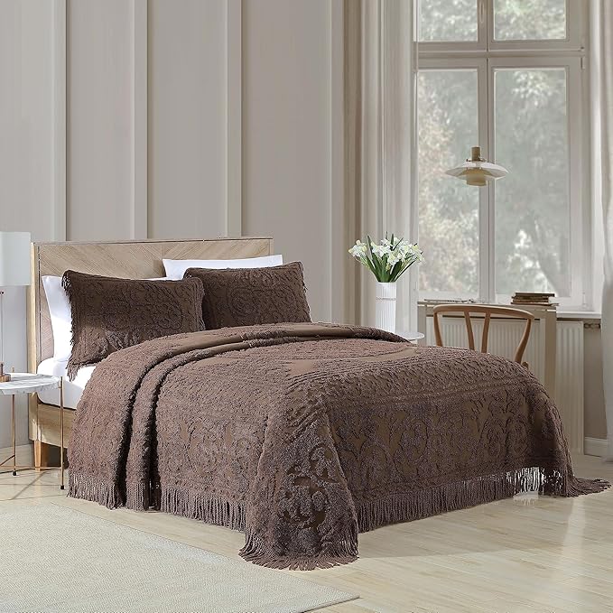 Beatrice Home Fashions Medallion Chenille Bedspread, Standard Sham, Chocolate