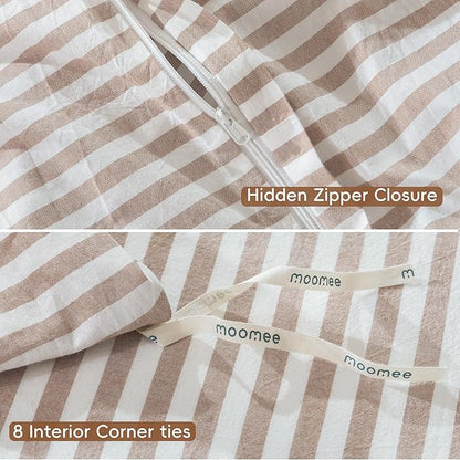 MooMee Striped Duvet Cover Set 100% Washed Cotton Linen Like Textured Breathable Durable Soft Comfy (Orange Classic Stripes, Queen 90"x90")
