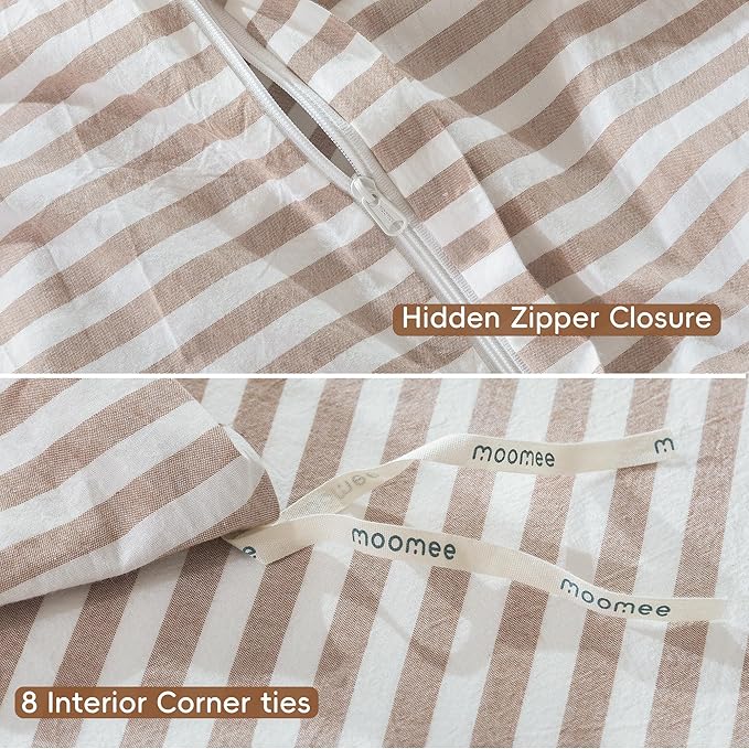 MooMee Striped Duvet Cover Set 100% Washed Cotton Linen Like Textured Breathable Durable Soft Comfy (Orange Classic Stripes, Super Queen 90"x98")