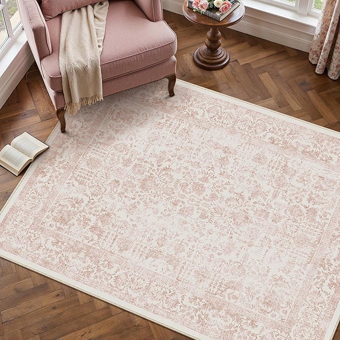 Pink Area Rug 3x4 Office Entryway Rug Machine Washable Kitchen Vintage Distressed Non Slip Carpet Indoor Retro Floral Accent Throw Door Mat for Bathroom Bedroom Dining Living Room