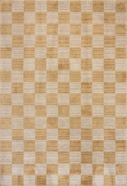 Loloi Chris Loves Julia Calvin Collection CLV-01 Apricot/Ivory 5'-3" x 5'-3" Round Area Rug Checkered Neutral Soft Living Room Bedroom Carpet