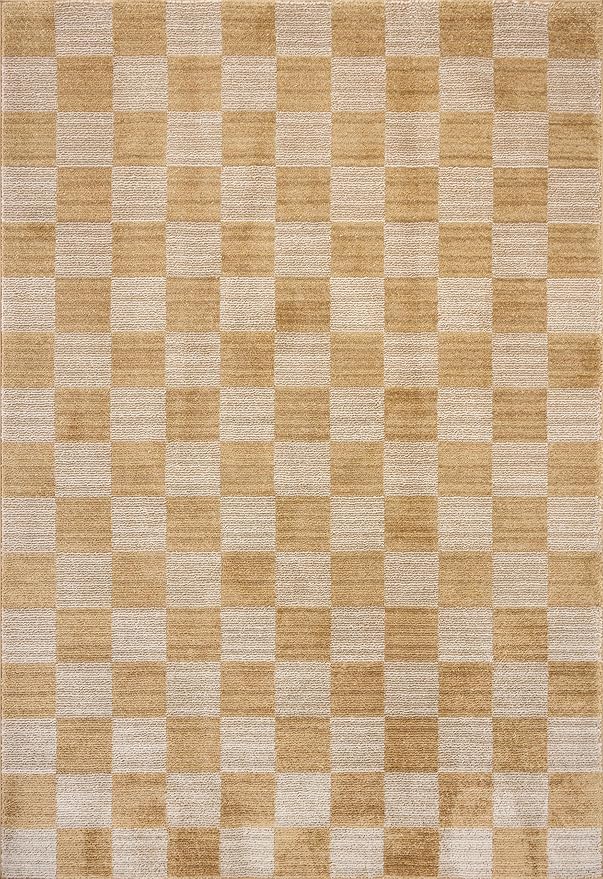 Loloi Chris Loves Julia Calvin Collection CLV-01 Apricot/Ivory 7'-10" x 10' Area Rug Checkered Neutral Soft Living Room Bedroom Carpet