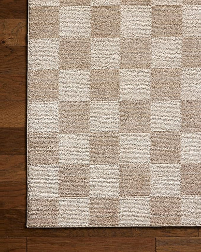 Loloi Chris Loves Julia Calvin Collection CLV-01 Pebble/Ivory 7'-10" x 7'-10" Round Area Rug Checkered Neutral Soft Living Room Bedroom Carpet