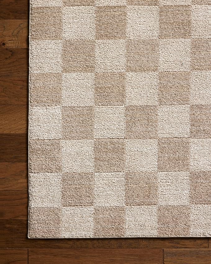 Loloi Chris Loves Julia Calvin Collection CLV-01 Pebble/Ivory 6'-3" x 9'-6" Area Rug Checkered Neutral Soft Living Room Bedroom Carpet