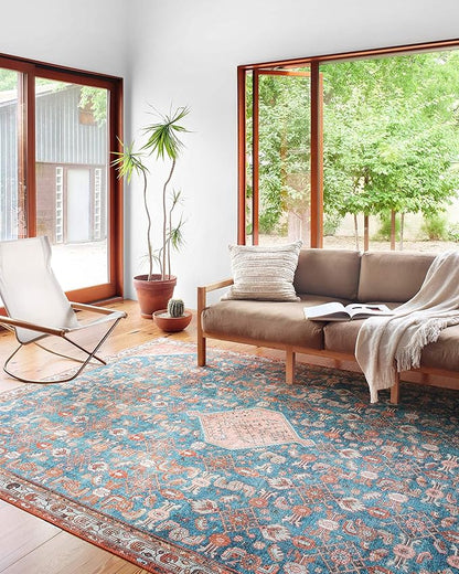 Loloi Layla Collection LAY-10 Marine/Clay 2'-6" x 7'-6" .13" Thick Runner Rug, Soft, Durable, Vintage Inspired, Distressed, Low Pile, Non-Shedding, Easy Clean, Printed, Living Room Rug
