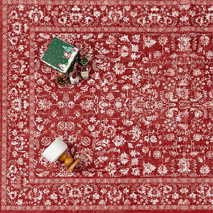 Christmas Area Rug 3x5 Red Washable Office Carpet Holiday Door Mat Vintage Low Pile Distressed Retro Floral Throw Non Slip Soft Decorative Xmas Rug for Entryway Kitchen Bedroom Bathroom