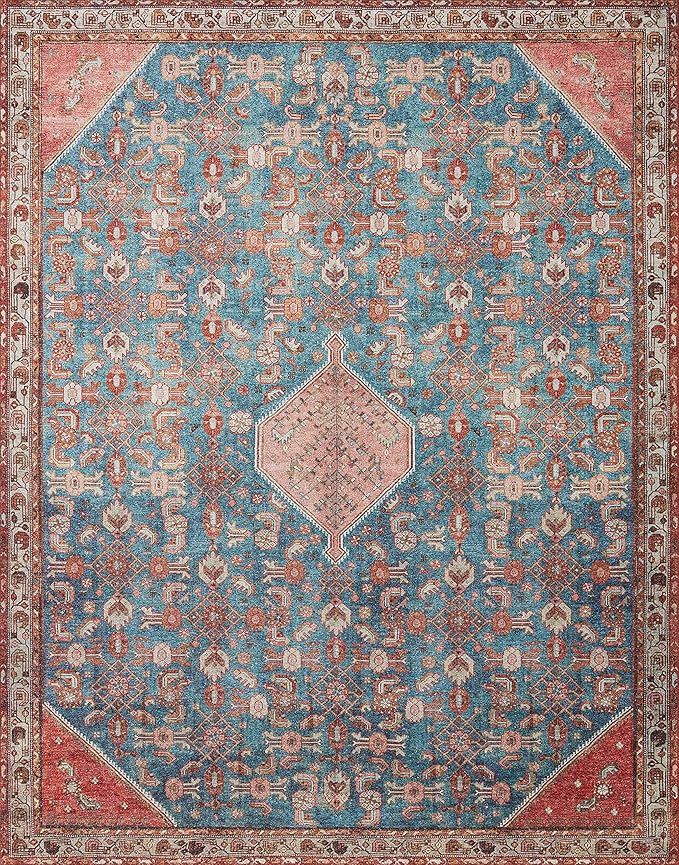 Loloi Layla Collection LAY-10 Marine/Clay 2'-6" x 9'-6" .13" Thick Runner Rug, Soft, Durable, Vintage Inspired, Distressed, Low Pile, Non-Shedding, Easy Clean, Printed, Living Room Rug