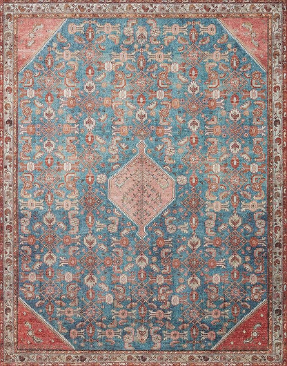 Loloi Layla Collection LAY-10 Marine/Clay 5'-0" x 7'-6" .13" Thick Area Rug, Soft, Durable, Vintage Inspired, Distressed, Low Pile, Non-Shedding, Easy Clean, Printed, Living Room Rug